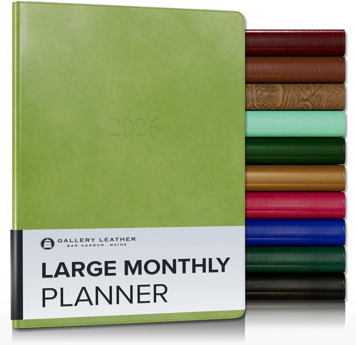 Gallery Leather Large Monthly Planner 2025-2026, Elegantly Bound Calendar Planner and Notebook with Stylish Gold-Gilded Page Edges, 18 Months - Acadia Lime - 9.75x7.5"