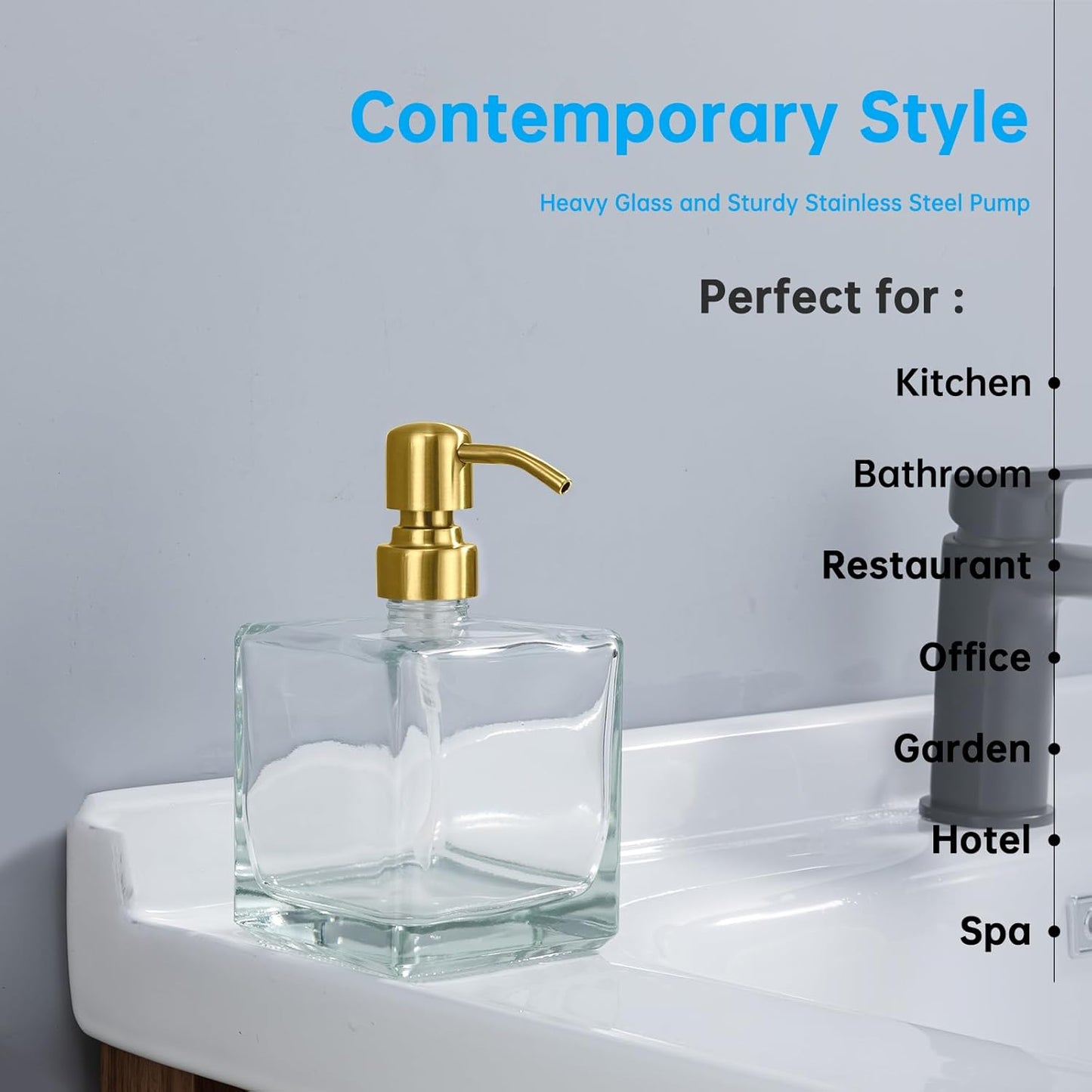 Square Bathroom Soap Dispenser Brushed Gold, 16 oz Glass Bottles with Stainless Steel Pump Retangle Cube Liquid Large Capacity Soap Dispenser Kitchen