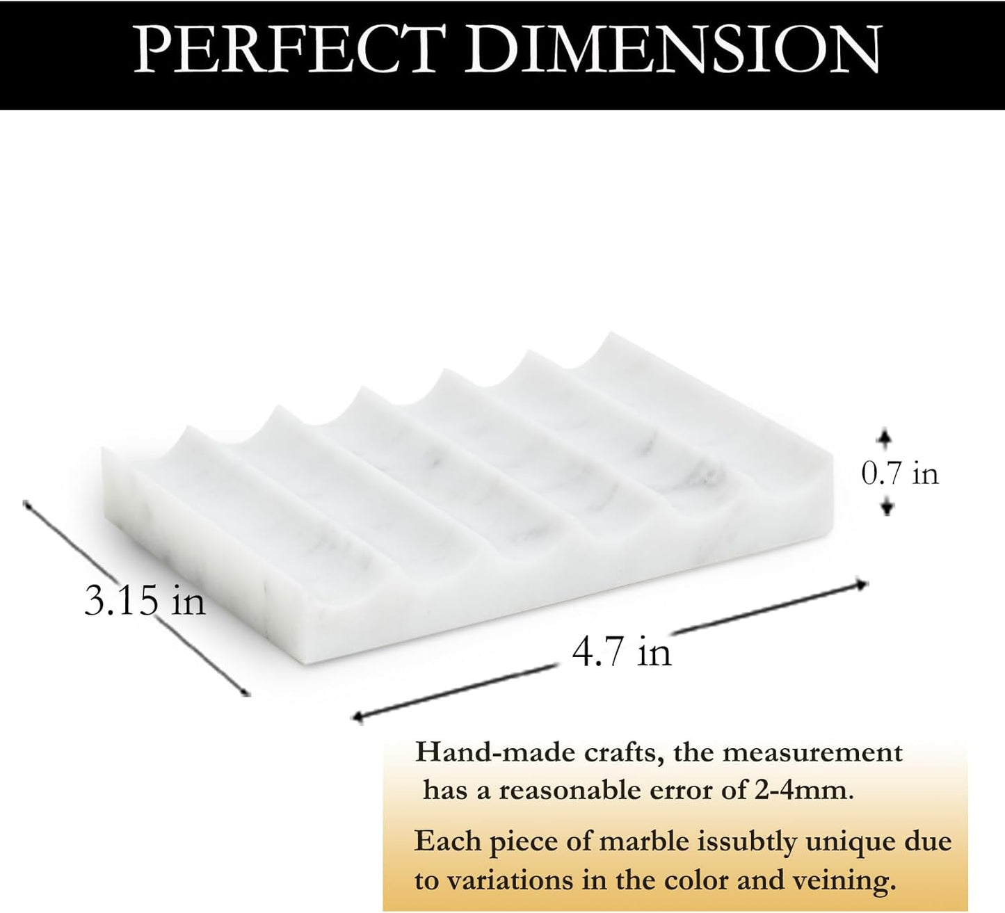 Luxurious Marble Soap Dish Jewelry Ring Tray - Rectangle Stone Soap Tray & Saver for Shower – Self Draining Soap Holder for Bathroom, Kitchen,Carrara White