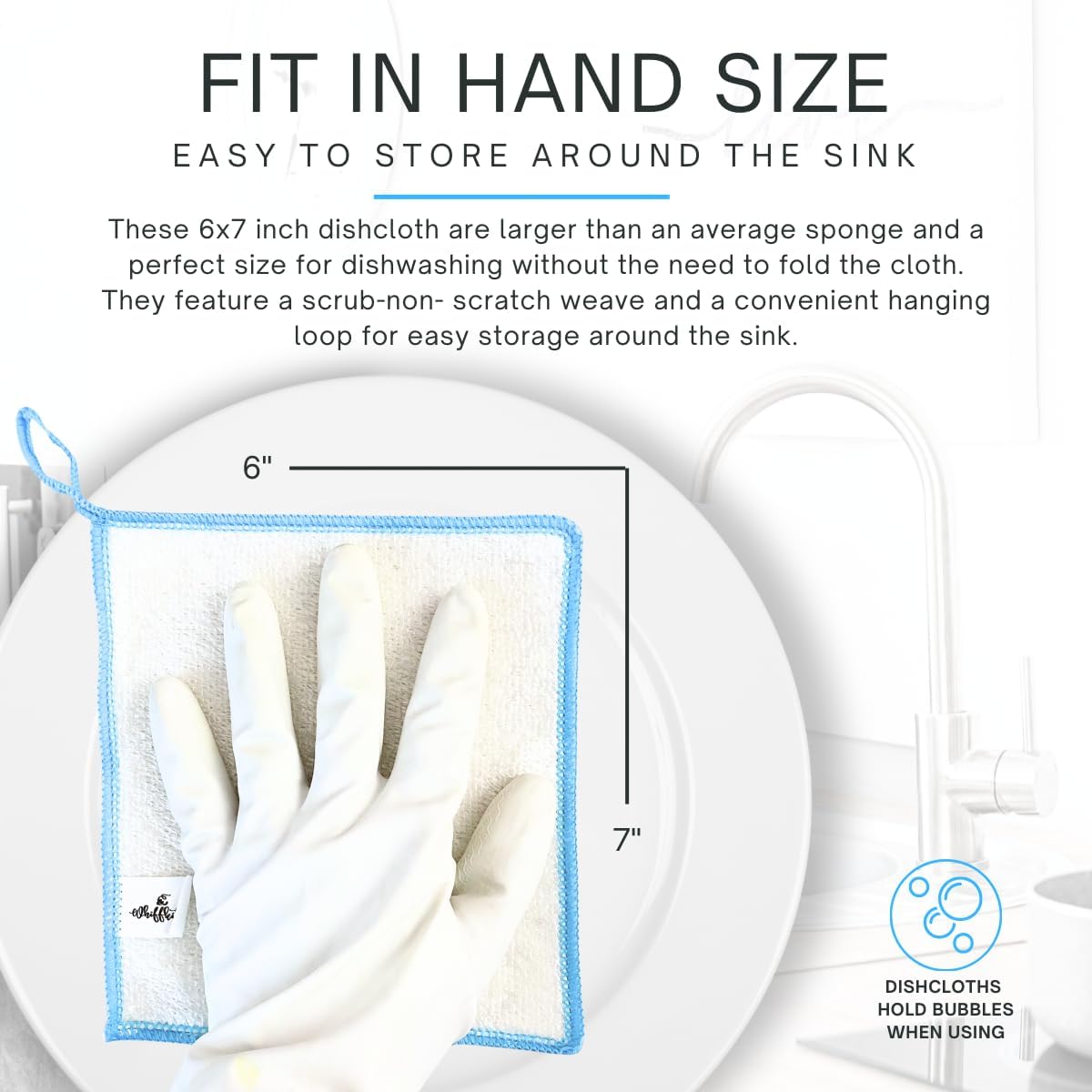 Whiffkitch Dishcloths Dishrags for Kitchen and Household Cleaning 6x7 3-Pack Non-Scratch 2-Ply Weave, Bamboo-Rayon Fabric, Absorbent, Washable, Long-Lasting