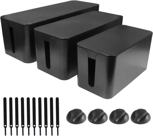 DUNCHATY 3 Pack Cable Organizer Box with Large, Medium, Small Cord Hider Box Safe ABS Material for Cover and Hide TV Wires, Computer, Router, USB Hub and Under Desk Power Strip&Cords