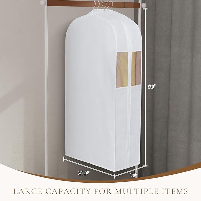 Univivi Premium Cotton Garment Bags for Hanging Clothes and Storage, 50 Inch Washable Suit Cover Bag with Extra Large 10" Gusset & Clear Window - Perfect for Suits, Coats, Jackets - 2 Pack