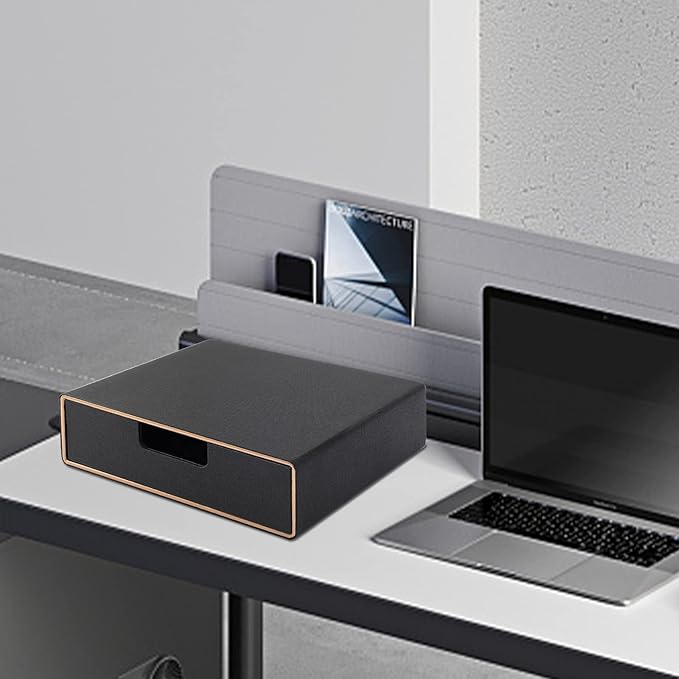 Stackable Organizer Drawer PU Leather Classic Handmade,Organize Home Office Desk Accessories and Sort Letter-Size Paper/a4 Document,Desk Caddy with Drawers Storage Box ,13.1x10x3.7inches,Black