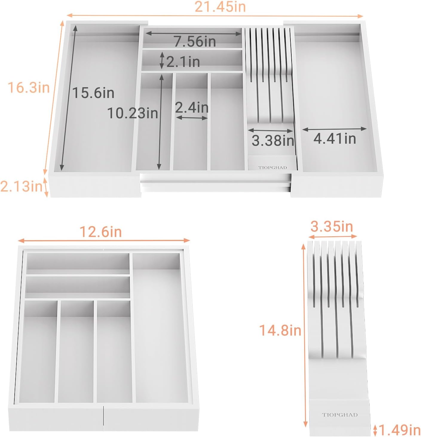 Bamboo-Silverware-Drawer-Organizer-Kitchen, Expandable Utensil Holder Cutlery Tray Flatware Organization Adjustable Wood Tableware Dividers Storage (with Removable Knife Block)(White)