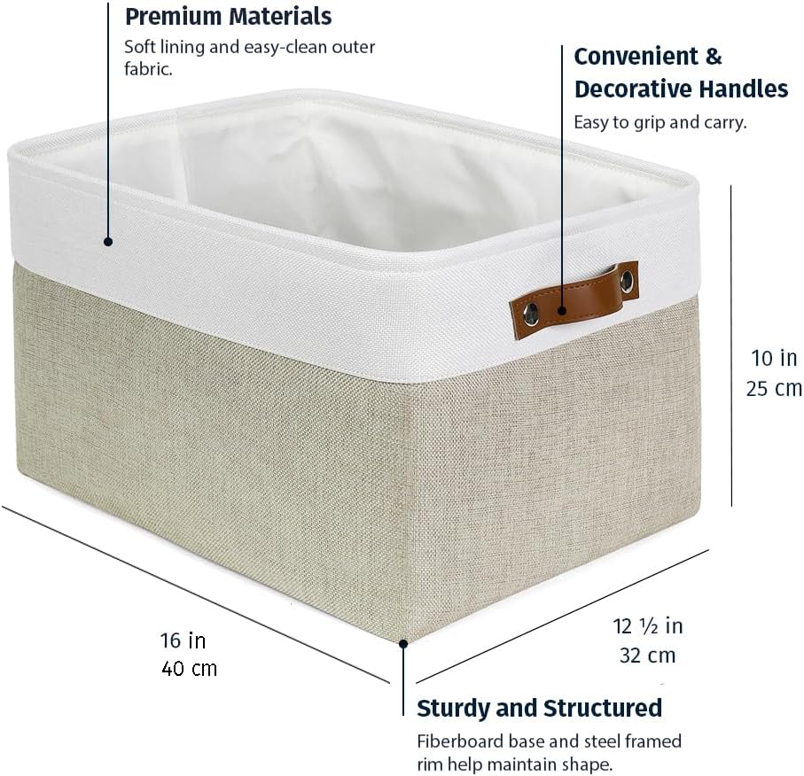 OrganiHaus Extra Large Fabric Storage Baskets for Shelves 3 Pack, 16x13in Closet Storage Bins for Shelves, Canvas Baskets for Organizing, Linen Closet Organizers, Cloth Basket, Beige/Off-White