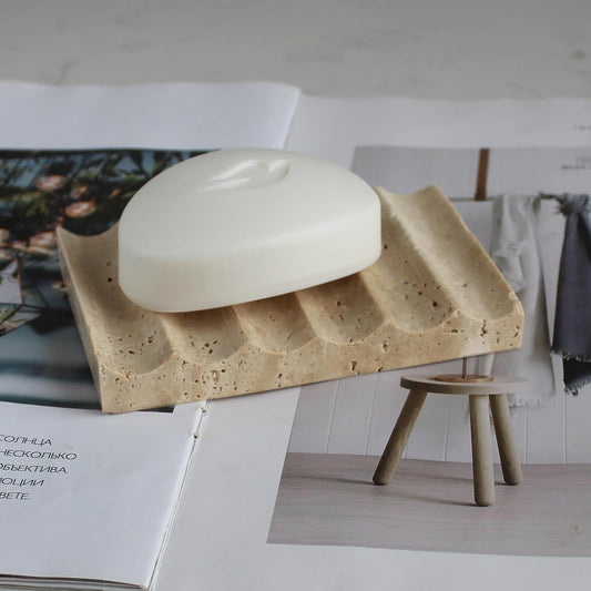 Luxury Beige Travertine Soap Dish, Jewelry Ring Dish, Sponge Holder for Bathroom Kitchen
