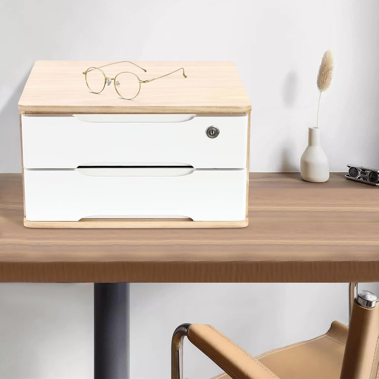 2-Tier Wooden Desktop Storage Box Desk Organizer with 2 Drawers and Lock Countertop Drawers Organizer for Office Supplies File Paper Cosmetic Jewelry, 15.4x11.8x8.5 in (Light Brown and White)