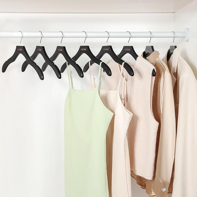 TOPIA HANGER Wooden Coat Hangers 24 Pack, Premium Wood Suit Sweater No Shoulder Bump Hangers, 360° Swivel Hook and Cut Notches Clothes Hangers for Sweater, Hoodie, Shirts, Jackets, Dress, Black CT85B