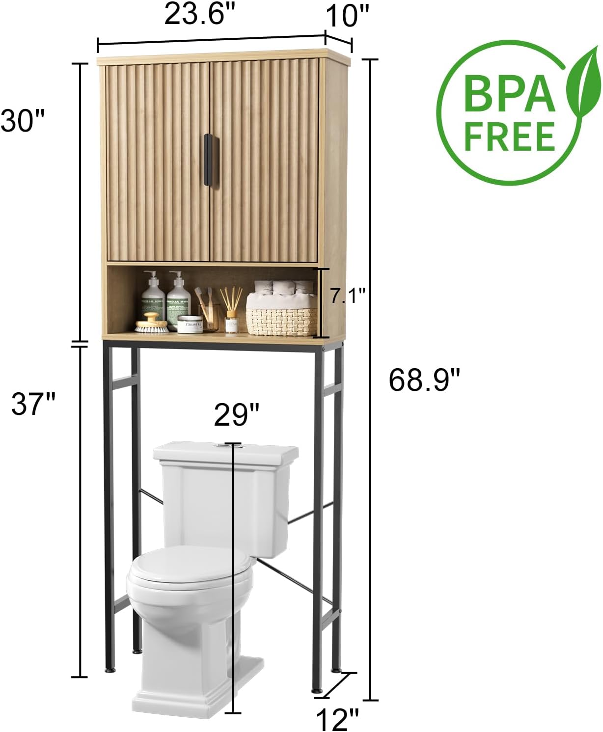 Over The Toilet Storage Cabinet with Fluted Doors and Adjustable Shelf, Tall Bathroom Organizer with Metal Stand Space Saver Over Toilet , Wood Rack for Bathroom, Restroom, Laundry, Natural Oak