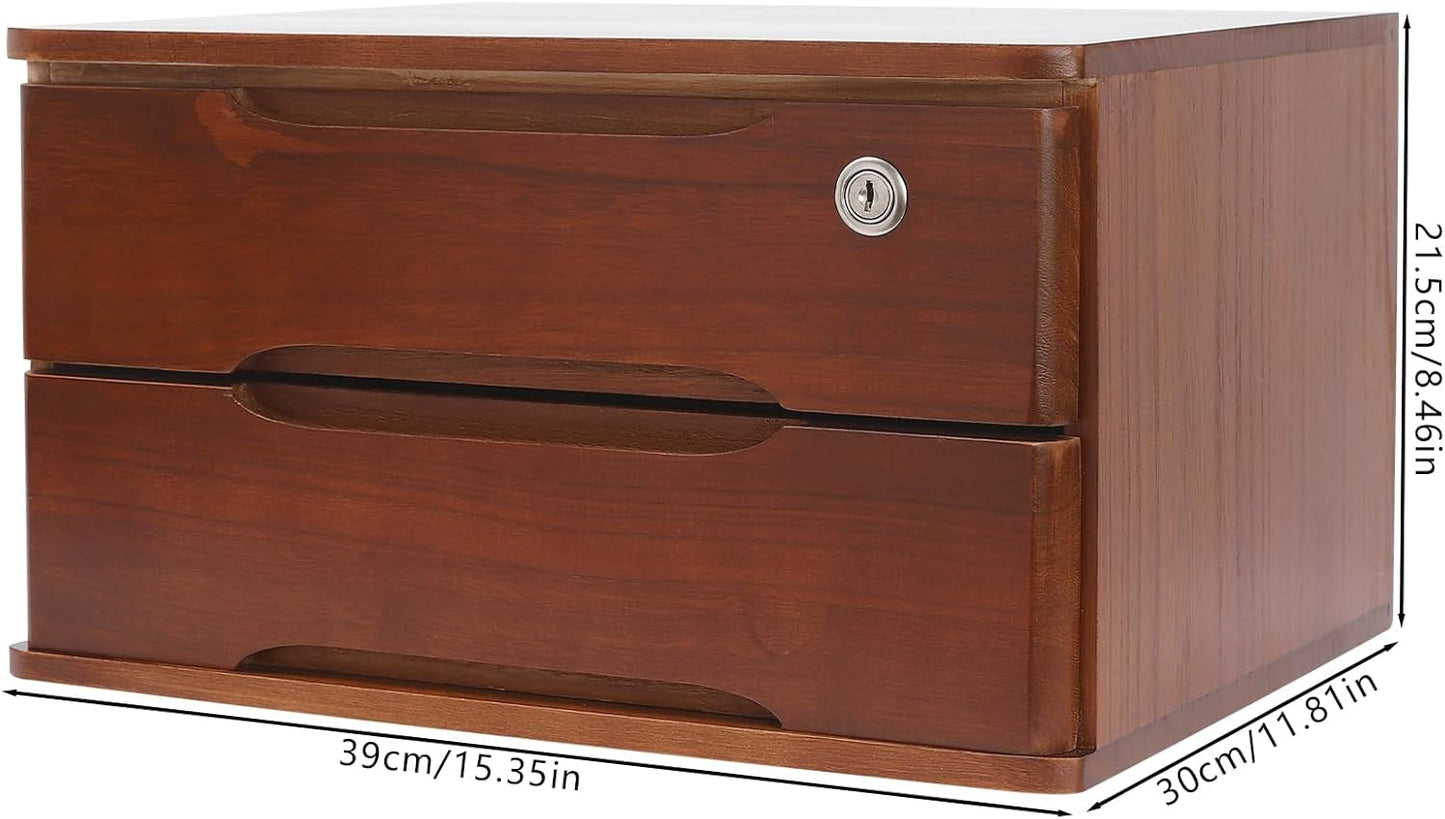 2-Tier Wooden Desktop Storage Box Desk Organizer with 2 Drawers and Lock Countertop Drawers Organizer for Office Supplies File Paper Cosmetic Jewelry, 15.4x11.8x8.5 in (Dark Brown)