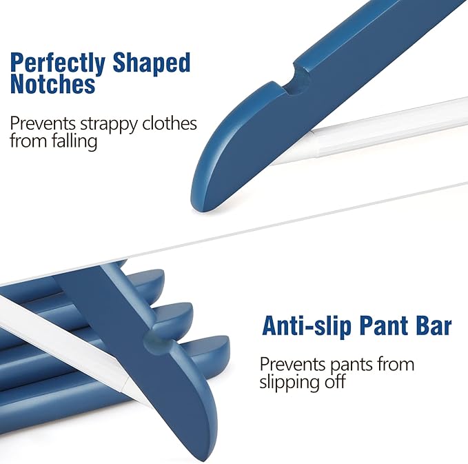TOPIA HANGER Premium Wooden Hangers with Non-Slip Pant Bar, 360°Swivel Hook and Shoulder Notches, 16 Pack Solid Wood Clothes Hangers for Suit, Coat, Jacket, Camisole(Blue/White)-CT35BW1