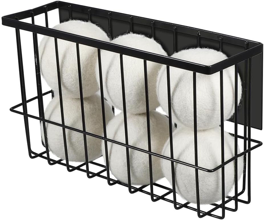 Picowe Large Dryer Ball Organizer Magnetic Storage Bin, Magnetic Basket Dryer Ball Holder for Laundry Room Organization and Storage to Hold 6 Dryer Balls, Without Balls ( Black, L )