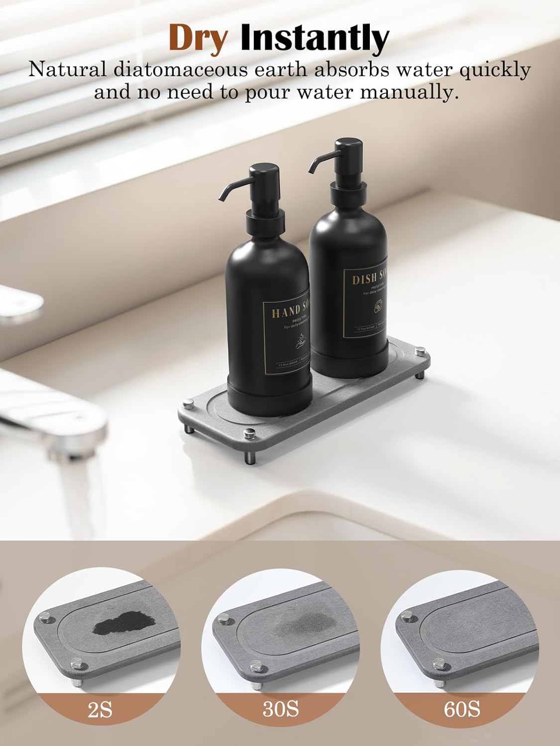 Luxspire Soap Dispenser Set, Hand Soap Dispensers with Fast Drying Tray, 17 oz Glass Refillable Liquid Bottle for Bathroom & Kitchen, Kitchen, 2 Pack, Black + Dark Gray