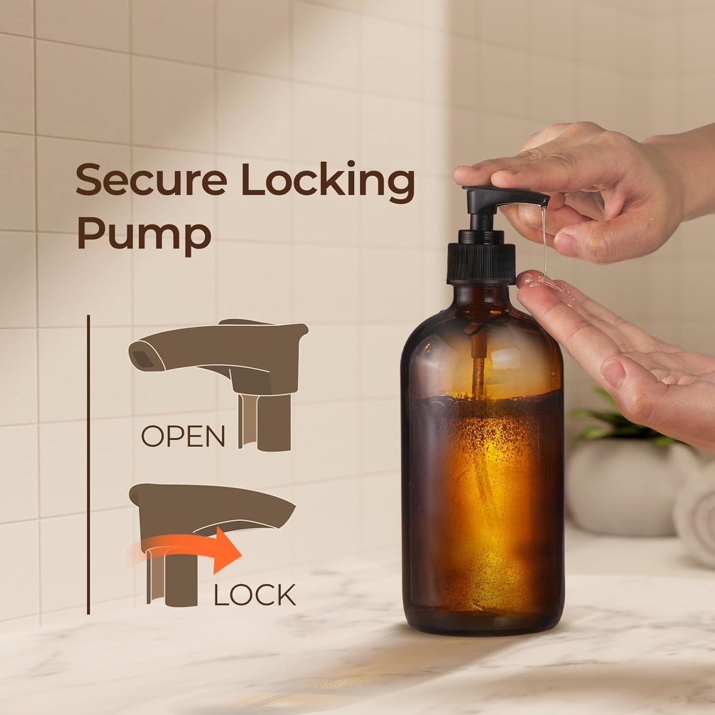 SOUL ONE 16oz Amber Glass Hand Soap Dispenser, 2 Pack - Thick Pump Bottles for Bathroom, Kitchen, Countertop - Refillable Brown Bottles for Shampoo, Conditioner, Lotion, Oil, Liquid, Set of 2