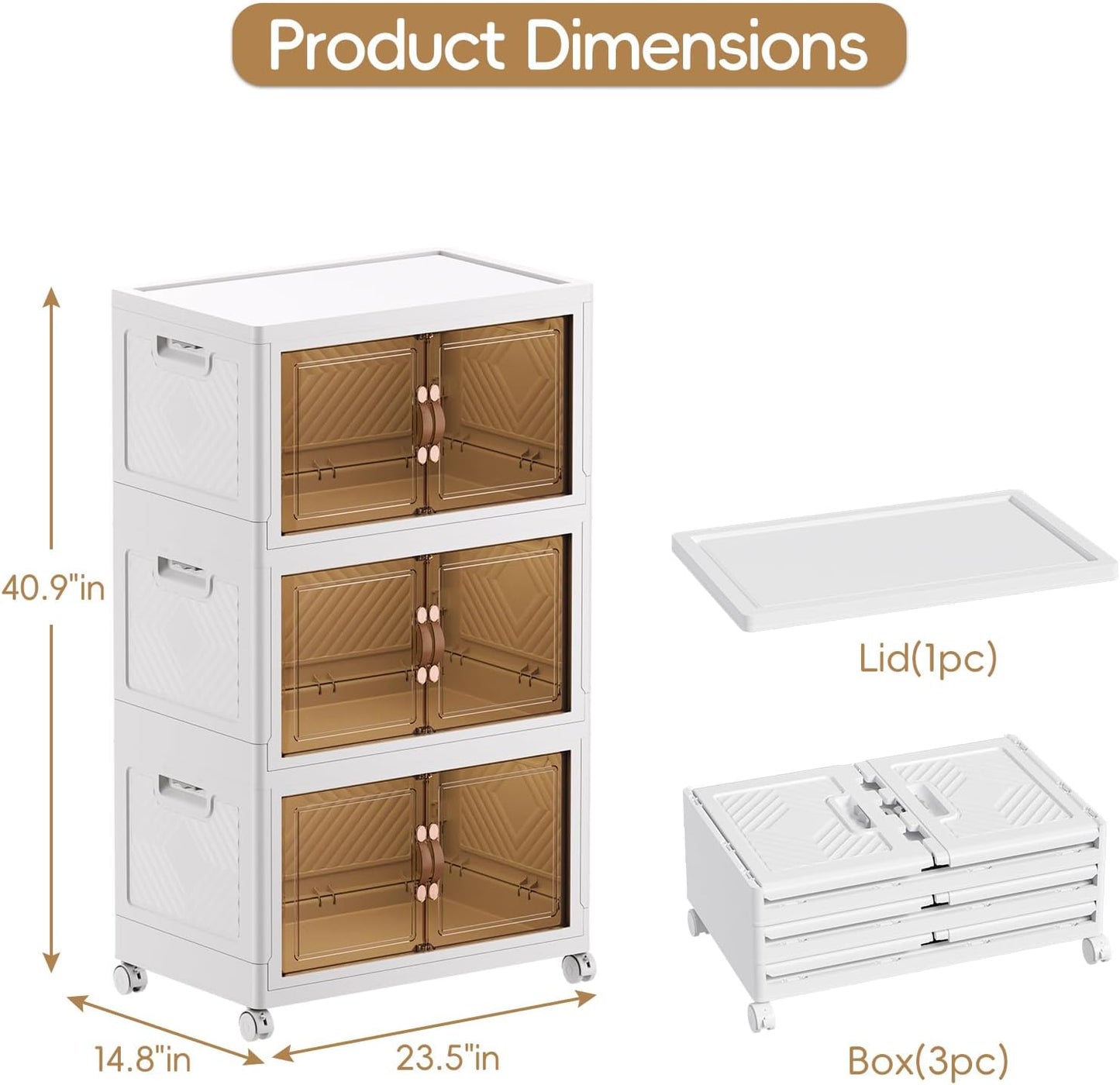 JEKO&JEKO 246Qt Stackable Storage Bins with Lids and Wheels, Foldable Collapsible Plastic Boxes for Clothes, Home, White, 3 Pack