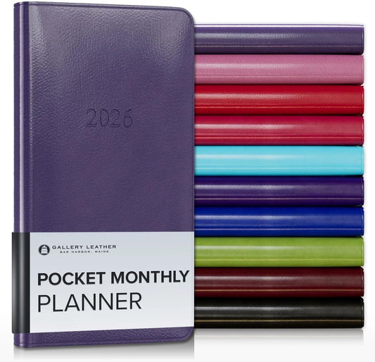 Gallery Leather Pocket Monthly Planner 2025-2026, Elegantly Bound Calendar Planner and Notebook with Stylish Gold-Gilded Page Edges, 18 Months - Camden Violet - 6x3.25"