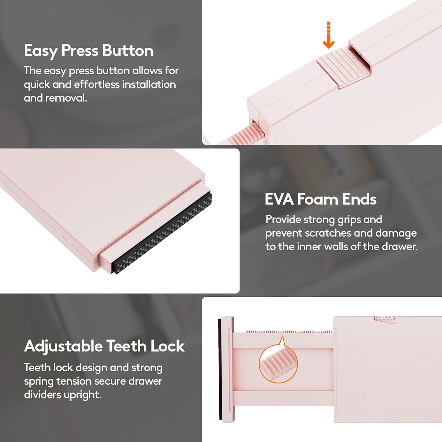 Lifewit 8 Pack Drawer Dividers 4" High, 11-17" Adjustable Dresser Drawer Organizers for Clothes, Expandable Dresser Separators in Bedroom/Bathroom/Kitchen/Vanity/Office Organization and Storage, Pink