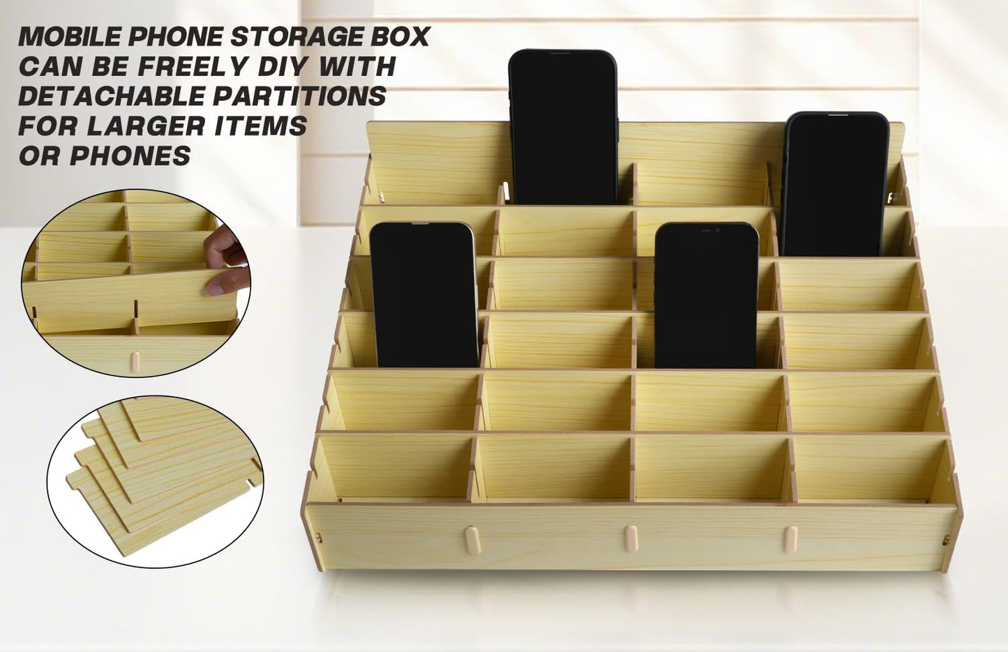 HengTianMei Wooden Desktop Storage Box Mobile Phone Management Storage Box Creative Desktop Office Meeting Finishing Grid Multi Cell Phone Rack Display (New 48)