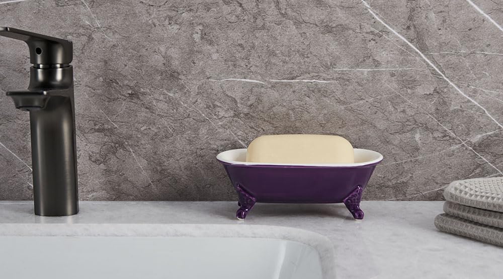 6.5" Ceramic Mini Decorative Clawfoot Bathtub Bar Soap Dish, Kitchen Sponge Holder and Shower Tray for Bathroom, 1 Pack(Plum)