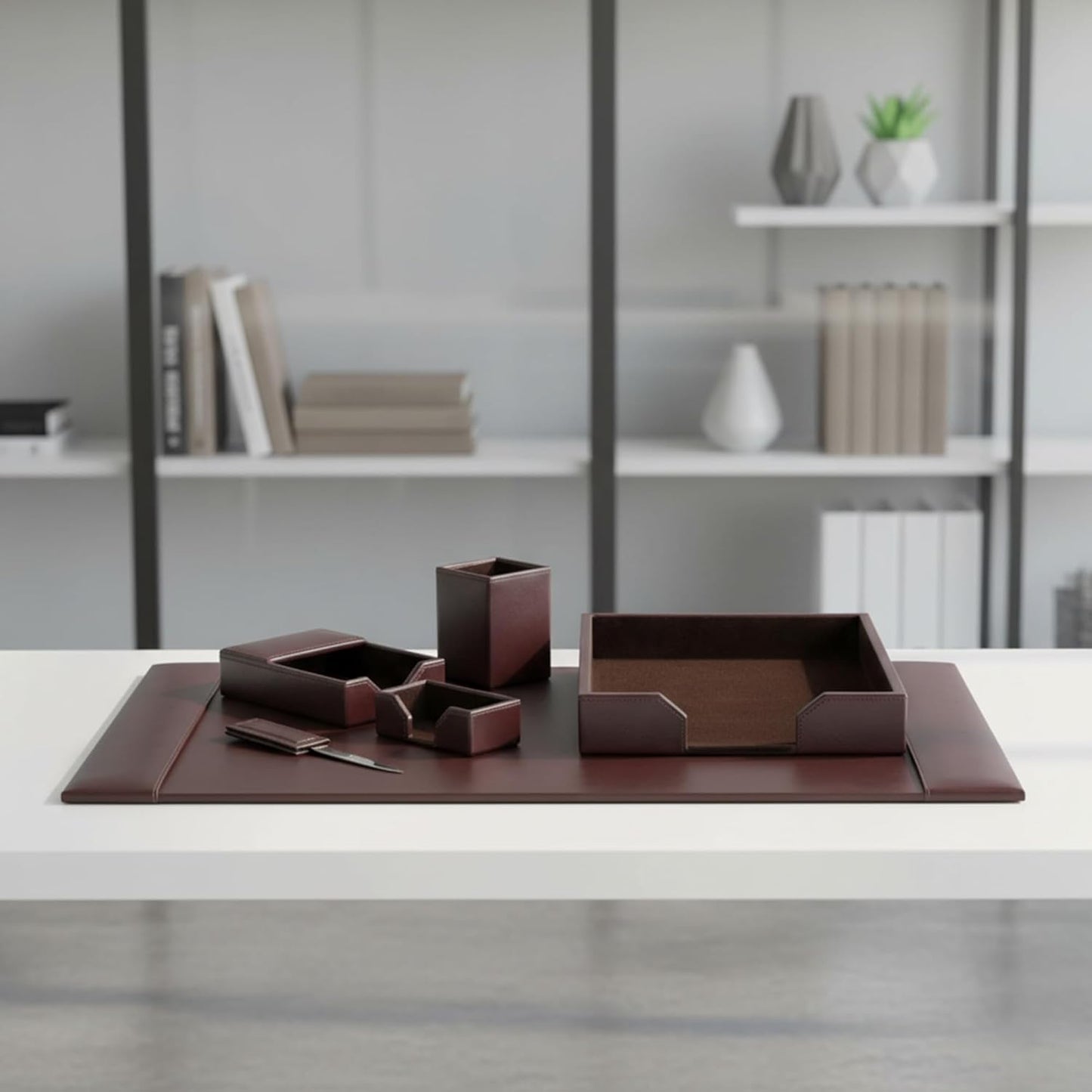 Dacasso Bonded Set Luxury Leather Desk Pad & Desk Organization Essentials, 6 Piece, Dark Brown