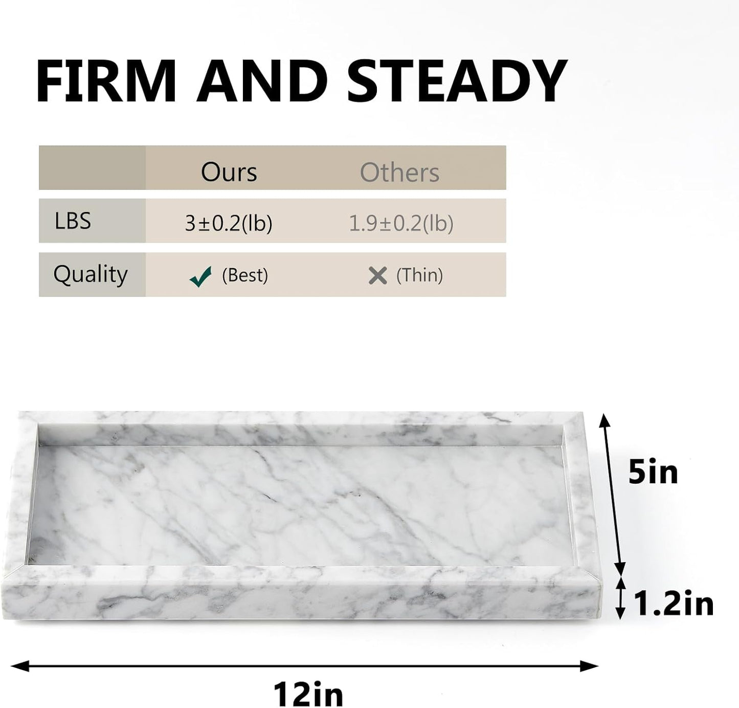 Real Natural Small Marble Tray for Bathroom, Vanity, Kitchen and Desktop, Rectangle Genuine Marble Stone Tray for Jewelry, Cosmetics, Candles, Lotion, Perfume and Home Decor (White, 12" x 5" x 1.2")