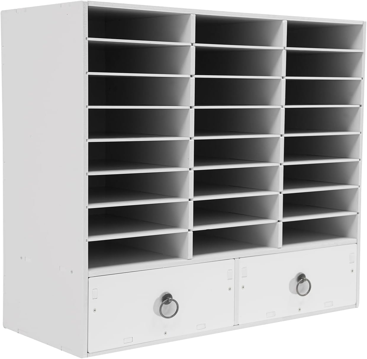 Literature Organizers, Mail Sorter Organizer Adjustable Shelves and 2 Drawers Desktop File Sorter Paper Organizer for Home School Office (White, 24 Slots with 2 Drawers)