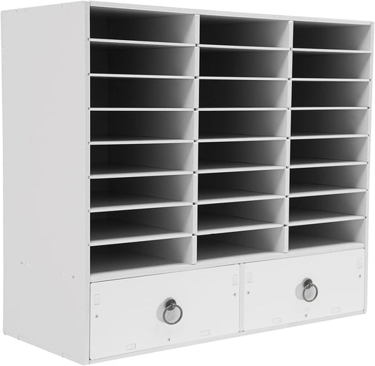 Literature Organizers, Mail Sorter Organizer Adjustable Shelves and 2 Drawers Desktop File Sorter Paper Organizer for Home School Office (White, 24 Slots with 2 Drawers)