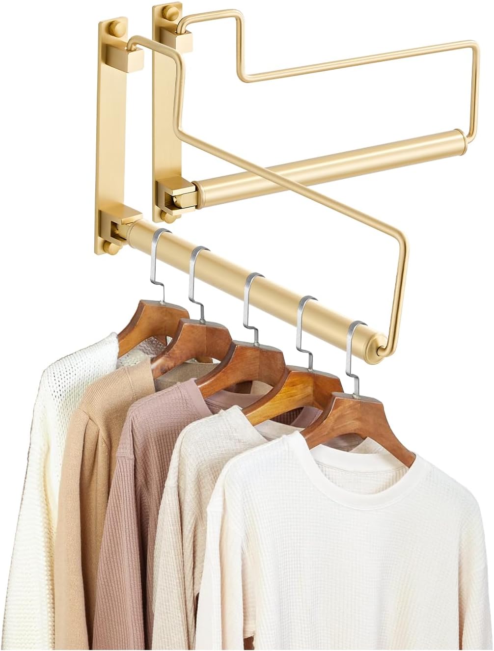 NEWRAIN Clothes Drying Rack, Laundry Racks for Drying Clothes, Wall Mounted Swing Arm Clothes Hanger for Laundry Room, Garage, Indoor & Outdoor Use,Brushed Gold