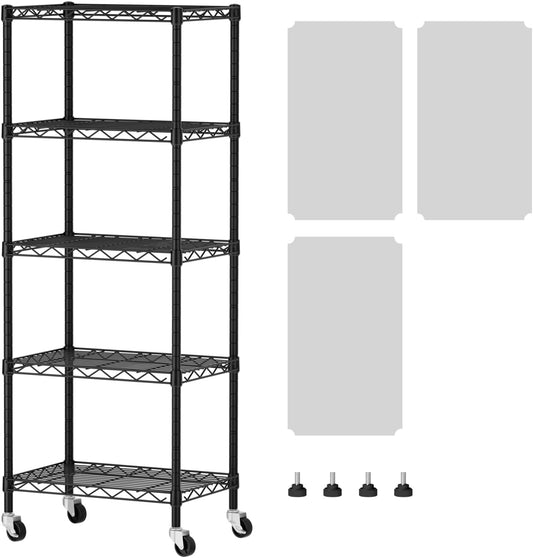 SINGAYE 5 Shelves Storage Shelf Wire Closet Bathroom Organizers Metal Pantry Kitchen Small Garage Shelving Unit Laundry Room Organization Home Narrow Rack Net Basket with Wheels Black