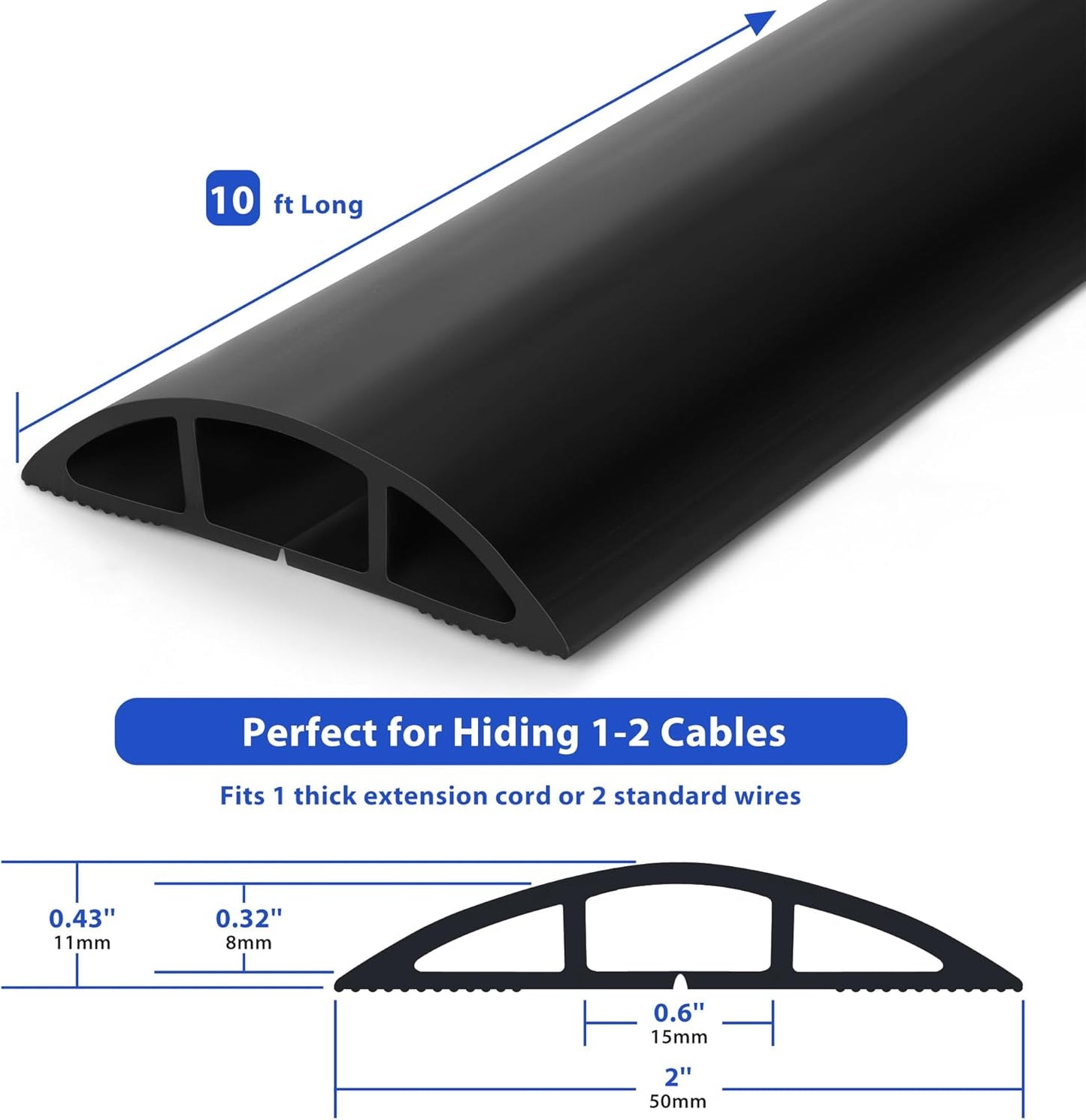 ZhiYo Floor Cord Cover 10ft, Cord Hider Floor Hide Extension Cords, Cable Management Prevent Cable Trips, Floor Cable Cover Wire Covers for Cords, Cable Protector Cord Cavity W0.6in H0.32in Black