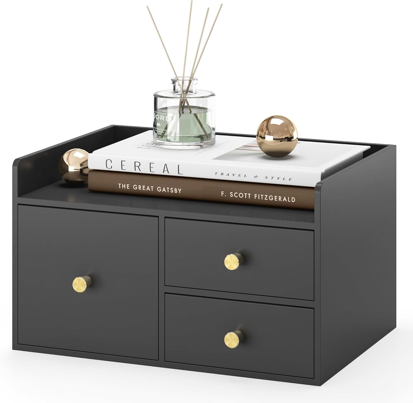 Bamboo Desk Organizer with Drawers Wooden Desktop Storage Drawers for Bills Office Supplies Kitchen Utensils Organizing Tool for Home Classroom Organization No Assembly (3 Drawer, Black)