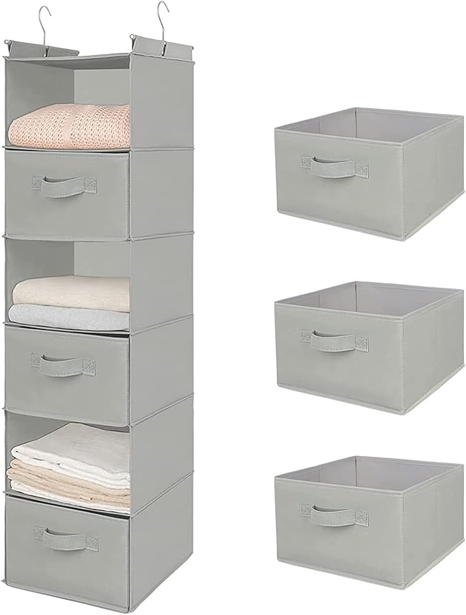 MAX Houser 6 Tier Shelf Hanging Closet Organizer, Closet Hanging Shelf with 2 Sturdy Hooks for Storage, Foldable (Light Grey-D3)