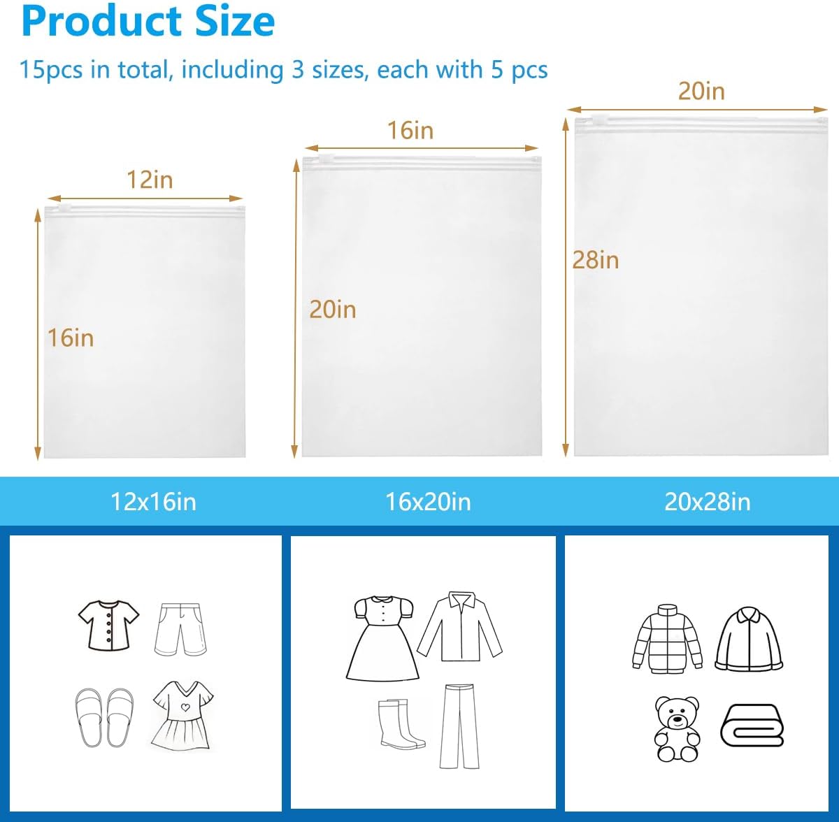 Belit 15 Pcs Clear Storage Bags, Large Size Packaging Bags, Plastic Bags for Sweaters, Shirt, Sheet, Blanket, 3 sizes 12x16 inch, 16x20 inch, 20x28 inch