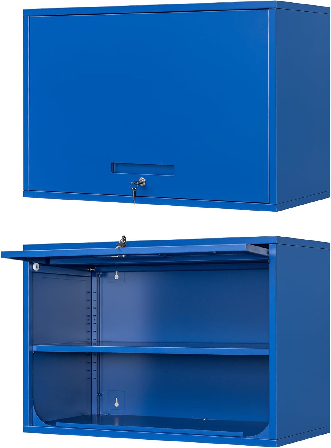 Metal Wall Cabinet with Locking Door and Shelf, Hanging Garage Cabinets with Up-Flip Doors for Garage, Warehouse, Home, Office, Assembly Required (Blue, One Cabinet)