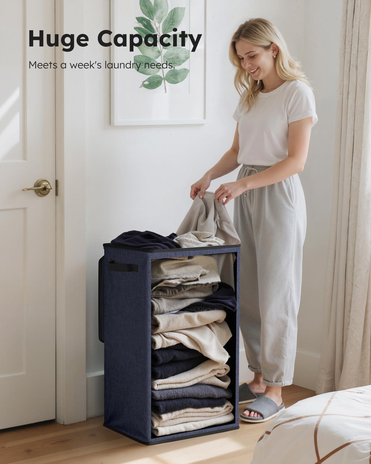 SOLEDI Laundry Hamper with Lid 90L Large & Tall Collapsible Laundry Basket, Clothes Hamper with Bag Removable Easy to Carry, Dirty Hampers for Bedroom, Bathroom, Dorm, College, Navy Blue