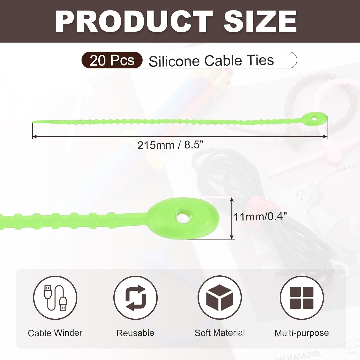 uxcell 20 Pcs Silicone Ties Bag Clip, 8.5 Inch Multi Purpose Silicone Zip Ties Reusable Rubber Zip Tie, Cable Strap Cord Organizer for Home Office Food Bag Wires Cables, Light Green