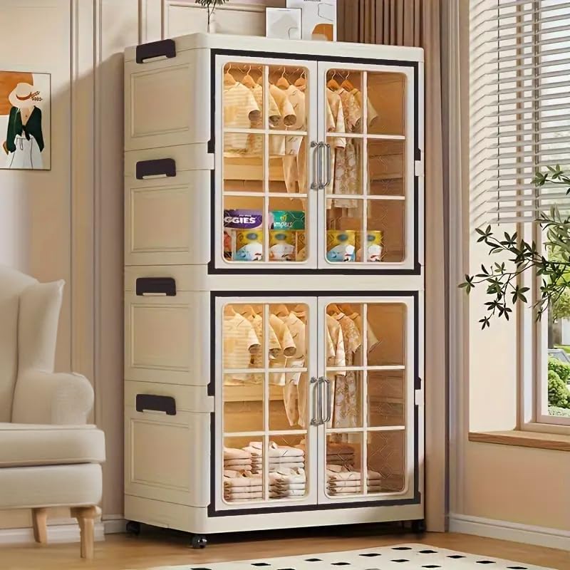 Large Stackable Storage Bins with Lid, Plastic Collapsible Cabinet with Wheels, Large Closet Organizer, Foldable Storage Cabinet for Home and Office Dorm Organizer Essential