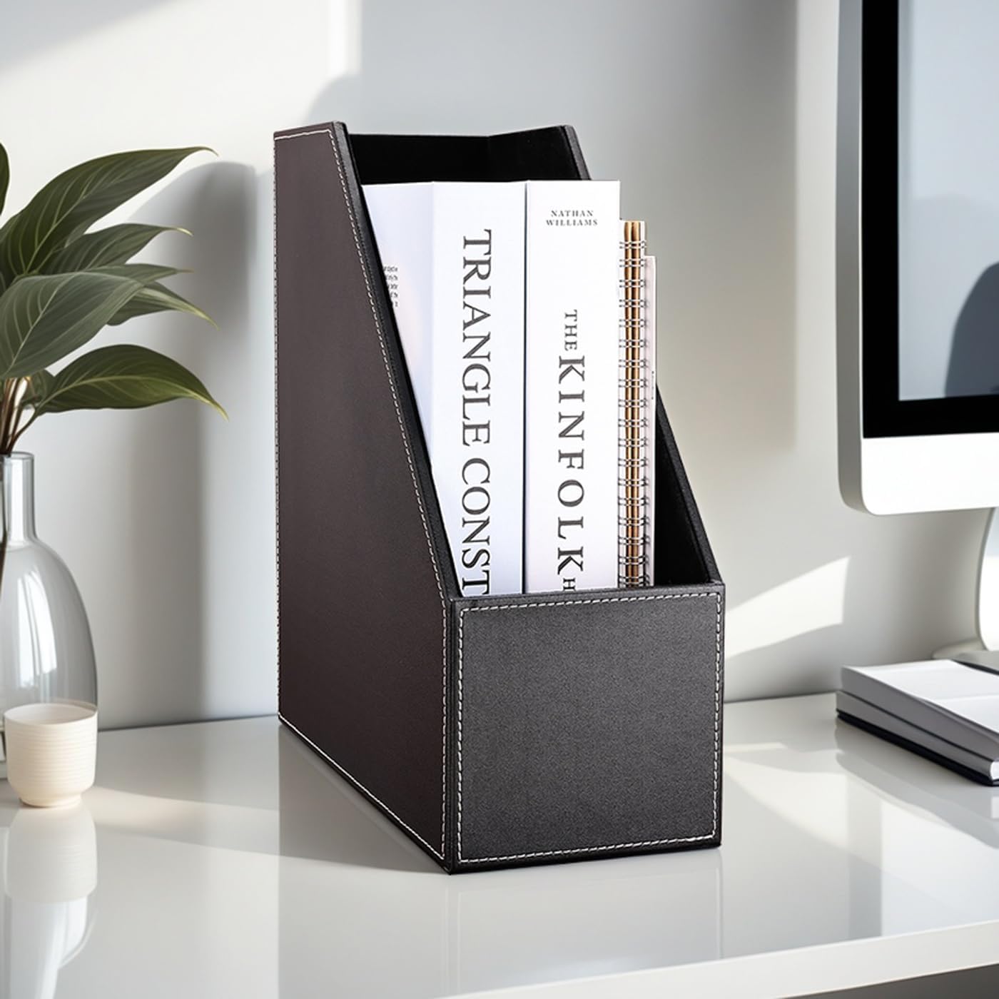 KINGFOM Wooden Leatherette Desktop File Folder Organizer and Document File Stand Journals Magazine Rack 2 Slots (black)