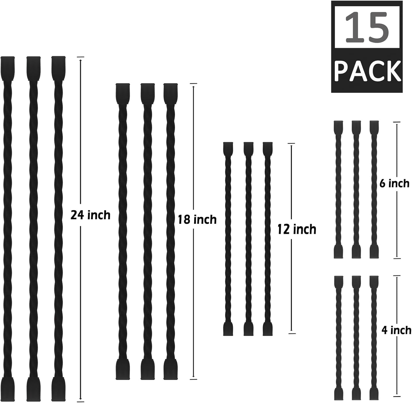 15PCS Silicone Cable Ties Reusable Twist Ties Steel-Core Black Straps Organizer All Purpose Bendable Cord Tie for Indoor Outdoor Holding Securing and Wrapping (4 6 12 18 24 inch)