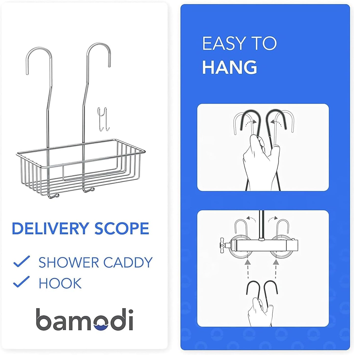 Bamodi Shower Caddy Hanging Stainless Steel | Rustproof Hanging Basket with Hooks-Shower Shelf Bathroom Accessory with Silicone Sleeves and Rubber Rings for Noise Cancelling (15.7x 9.8x 5 Inches)