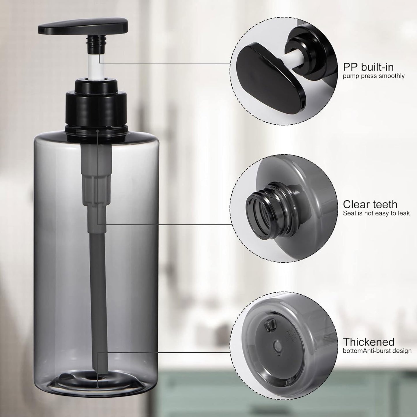 Shampoo Bottles with Pump, Yebeauty 2 Pack Empty Refillable Shower Bottle 17oz 500ml Squeeze Lotion Dispenser for Bathroom,Shampoo Soap, Conditioner Body Wash Liquidl,Clear Grey