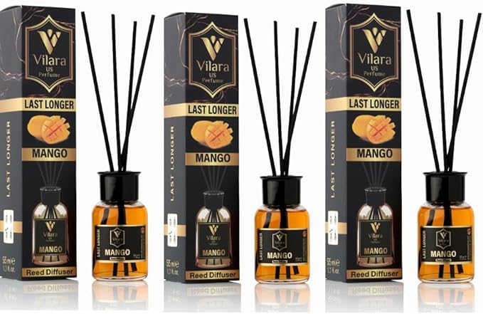 Reed Diffuser Set with Sticks for Home – Bathroom, Bedroom & Office Aromatherapy – Long Lasting Scented Oil Diffuser with Sticks – Luxury Room Fragrance Diffuser 55ml,1.7 fl oz (Mango Pack 3)