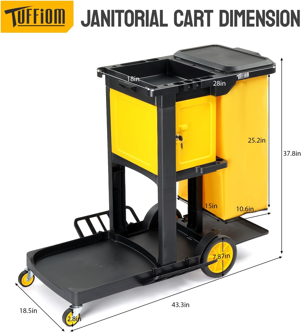 TUFFIOM Janitorial Cart with Key-Locking Cabinet, 3-Shelf Commercial Cleaning Cart, Housekeeping Caddy with Locker,Wheeled with Yellow Vinyl Bag, Black, Great for Hotel, Stores, Schools, and Business