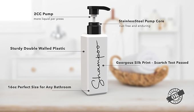 Luxury Spa-Inspired Shampoo and Conditioner Dispenser Set – 3 Refillable Pump Bottles for Shower Wall – Printed Shampoo, Conditioner & Body Wash