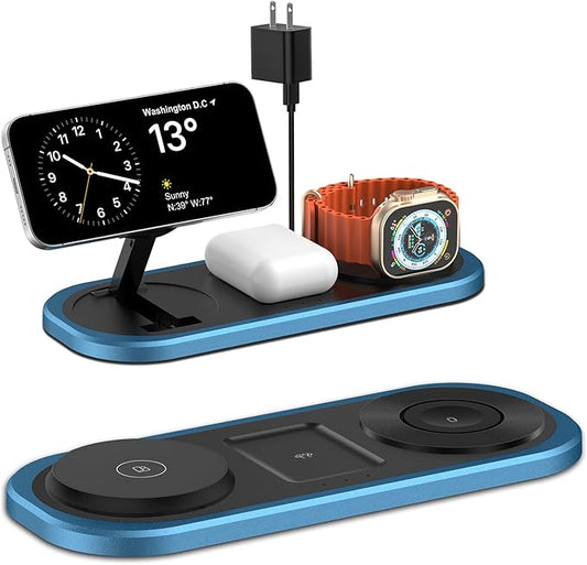 3 in 1 Fast Wireless Charger Stand for iPhone, Foldable Travel Charging Station for Magsafe for iPhone 17/Air/16/15/14/13/12 Series, Apple Watch Series, AirPods pro/2/3/4, 2025 Christ mas Gifts (Blue)