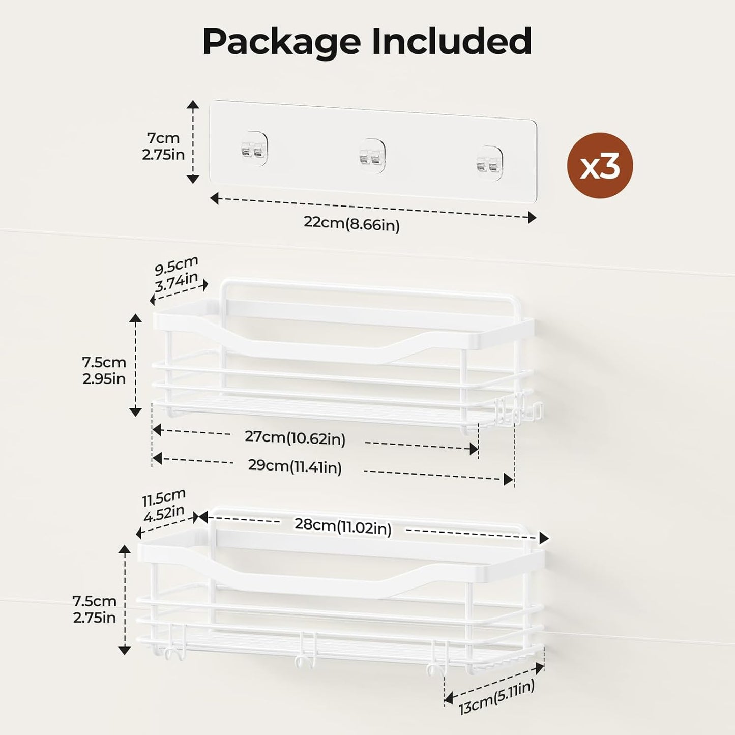 Orimade Shower Caddy Basket Shelf Storage Rack, No Drilling Wall Mounted Adhesive Rust Proof Stainless Steel Shower Organizer with 5 Hooks for Bathroom, White 2 Pack