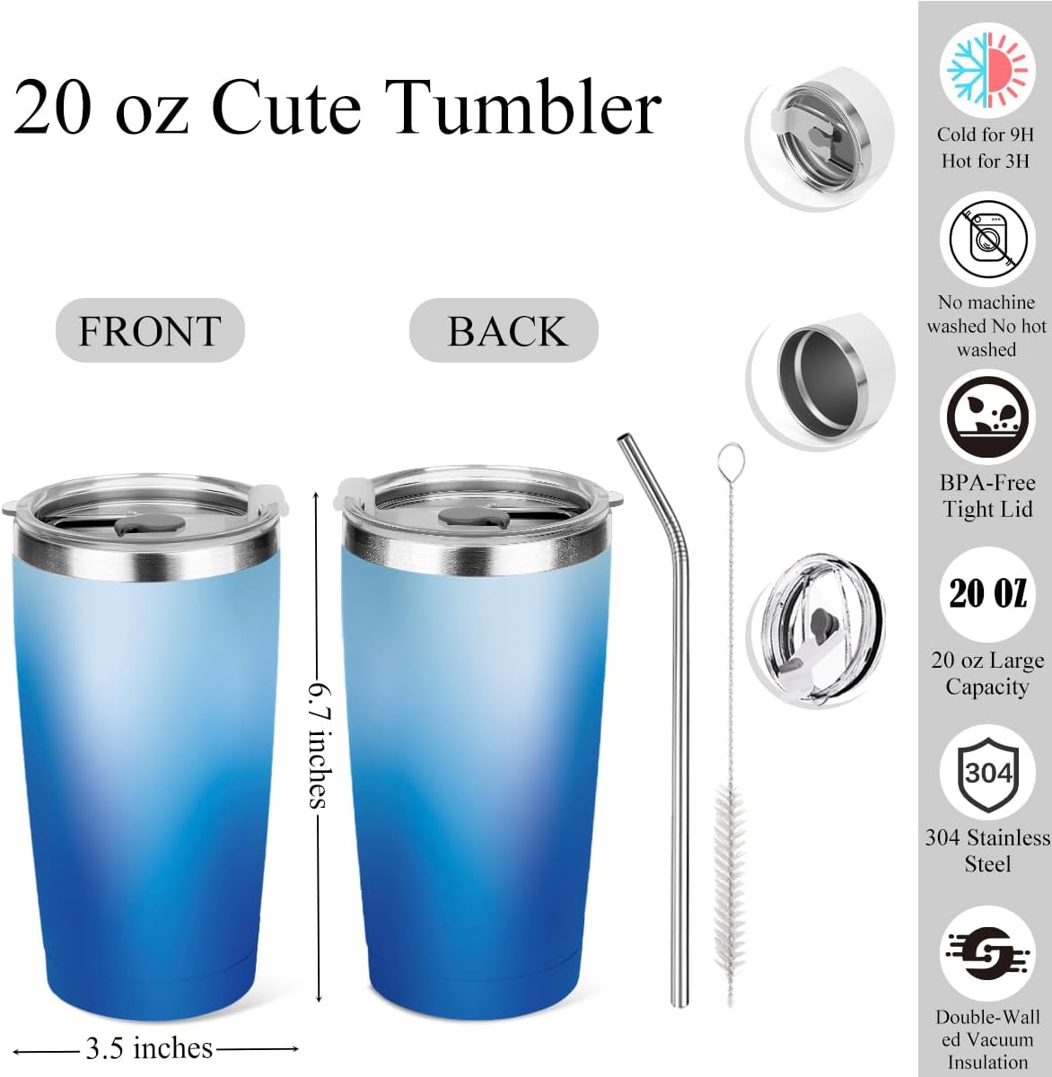 20 oz Insulated Tumbler, Tumbler with Lid Straw, Insulated Travel Coffee Mug Stainless Steel Cup for Cold Hot Drink Gift for Women Friend Girls Sister Colleague Christmas Birthday Friendship (Sky)