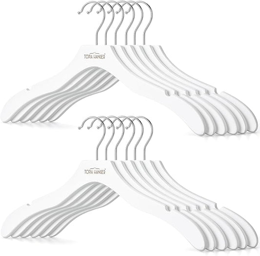 TOPIA HANGER Wooden Coat Hangers 12 Pack, Premium Wood Suit Sweater No Shoulder Bump Hangers, 360° Swivel Hook and Cut Notches Clothes Hangers for Sweater, Coat, Shirts, Hoodies, Dress, White CT84W