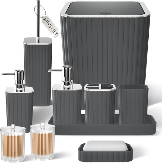 Bathroom Accessories Set - Gorgeous Grey Bathroom Set, 10PC Bathroom Accessory Set, Gray Bathroom Accessories Set, Trash Can, Qtip Holder Dispenser & Soap Dispenser