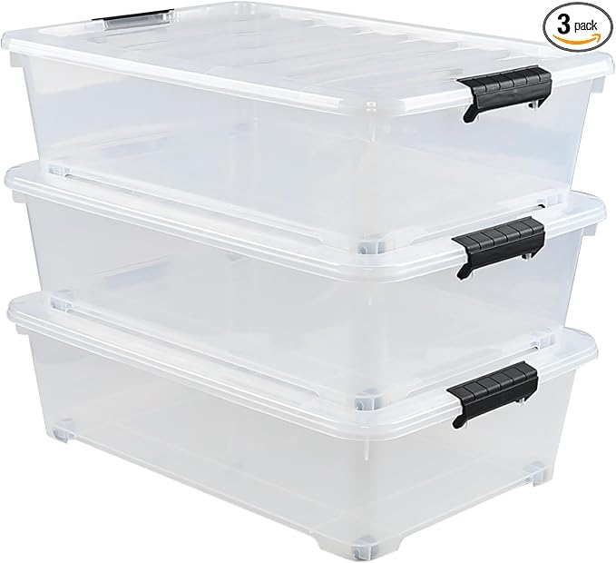 Gloreen 25 Quart Plastic Underbed Storage Container with Wheels, Clear Under Bed Storage Box Bins, 3-Pack